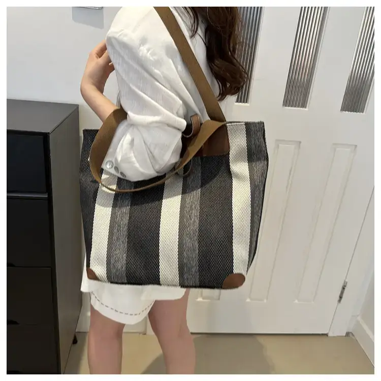 Women's Striped Canvas Commuter Tote Bag Brown Beige — feature 34