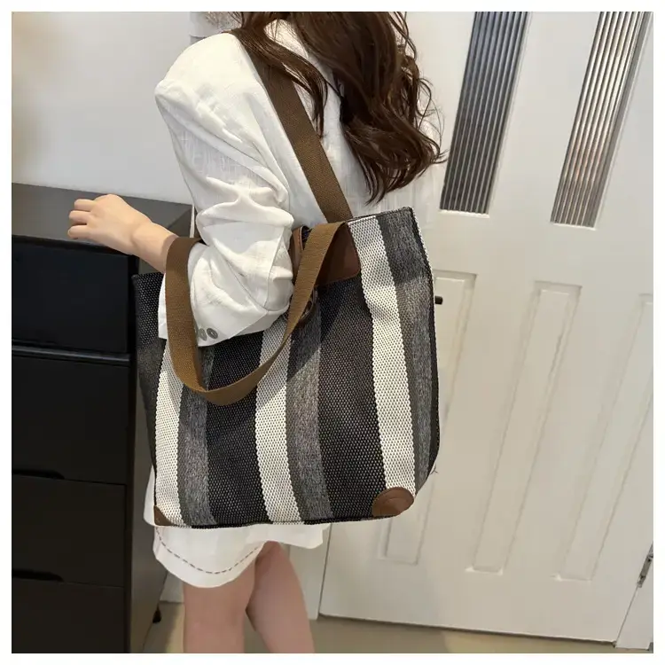 Women's Striped Canvas Commuter Tote Bag Brown Beige — feature 35