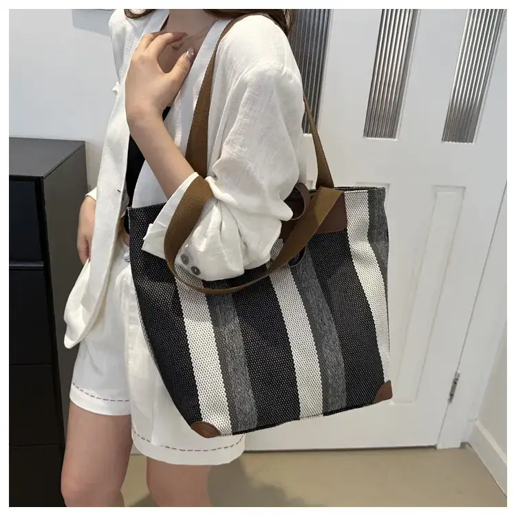 Women's Striped Canvas Commuter Tote Bag Brown Beige — feature 36