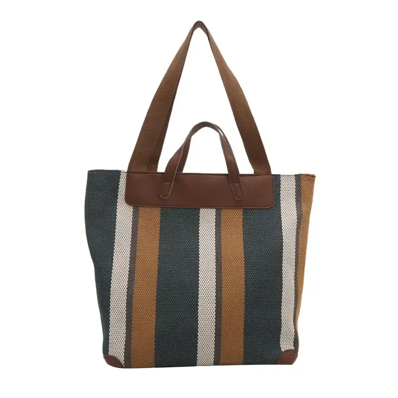 Women's Striped Canvas Commuter Tote Bag Brown Beige - Image 3