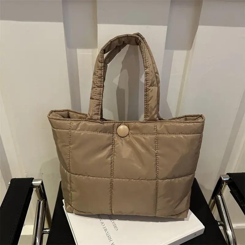 Women's Rhombic Winter Tote Bag Beige Large Capacity - Image 5