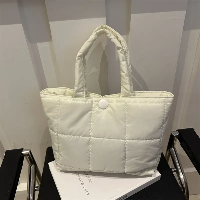 Women's Rhombic Winter Tote Bag Beige Large Capacity - Image 4