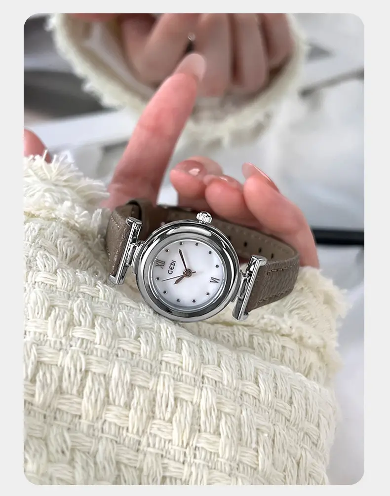 Gold Plated Women's Watch with Brown Leather Belt — feature 15
