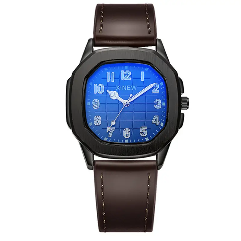 Men's Black Leather Band Quartz Watch with Blue Dial - Image 11