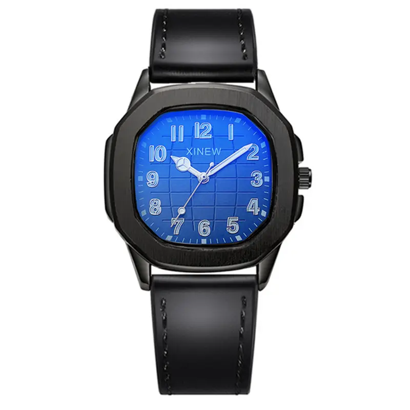 Men's Black Leather Band Quartz Watch with Blue Dial - Image 3