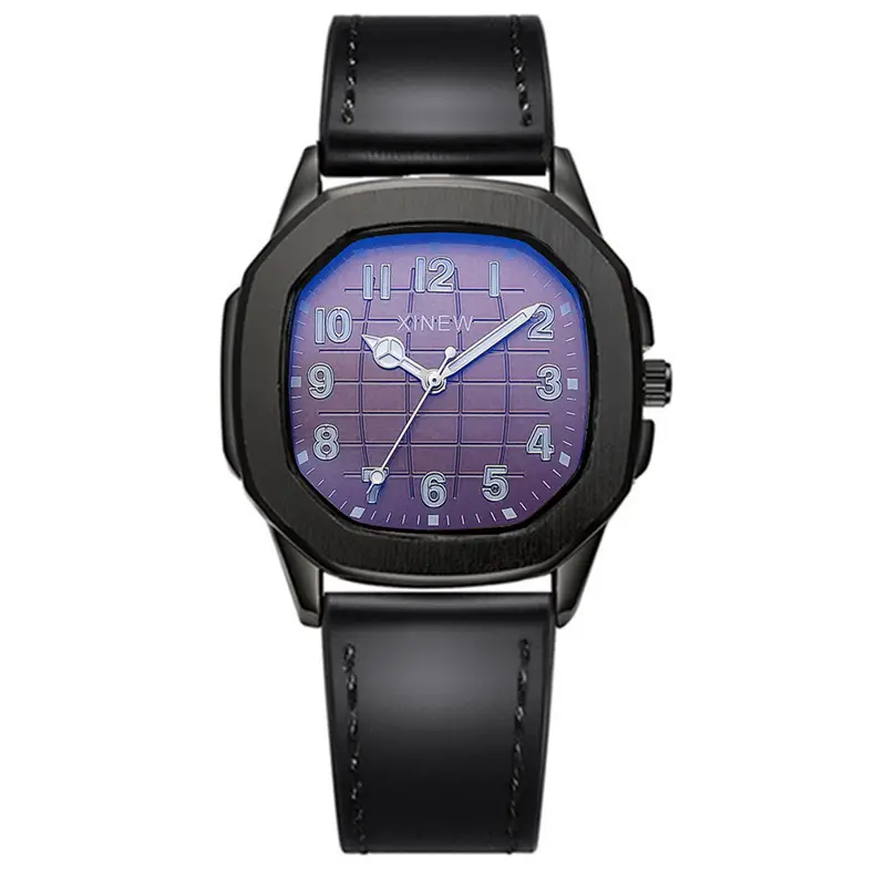 Men's Black Leather Band Quartz Watch with Blue Dial - Image 4