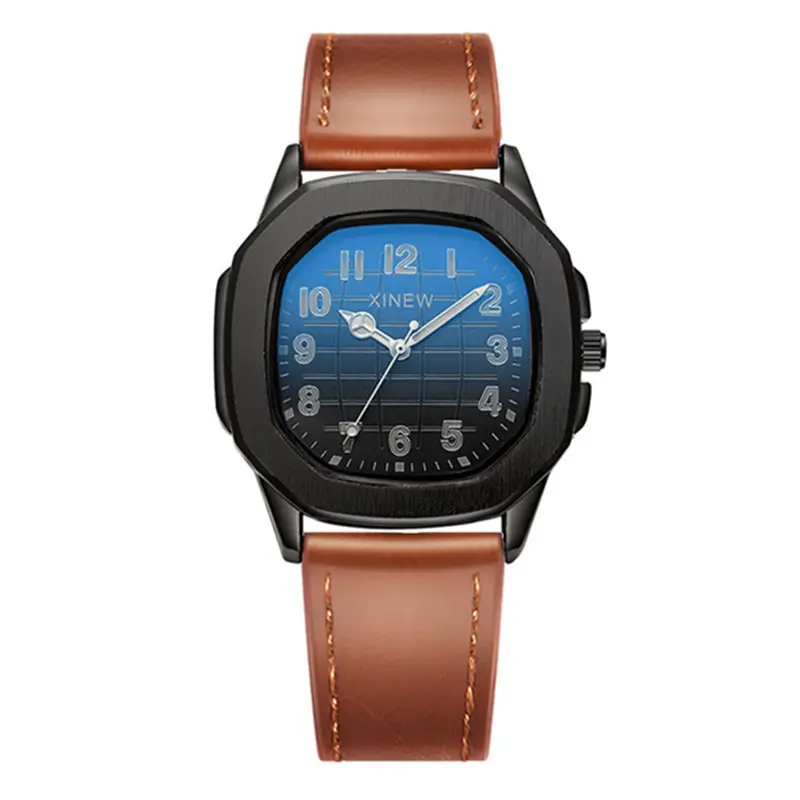 Men's Black Leather Band Quartz Watch with Blue Dial - Image 5
