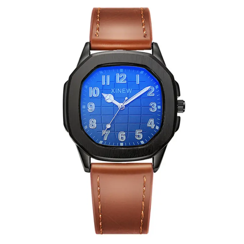 Men's Black Leather Band Quartz Watch with Blue Dial - Image 7