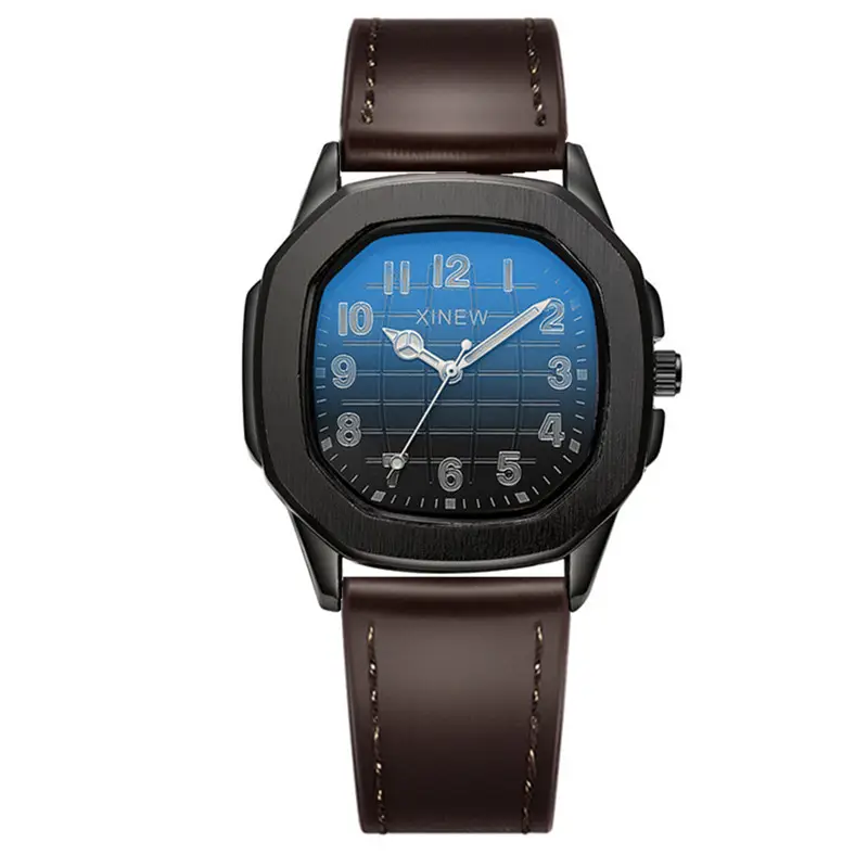 Men's Black Leather Band Quartz Watch with Blue Dial - Image 9