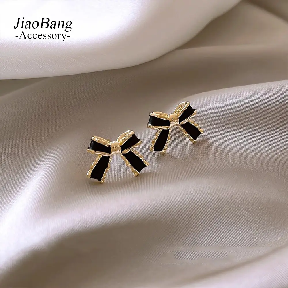 Black Bow Earrings Korean Style Oil Drop Design - Image 3