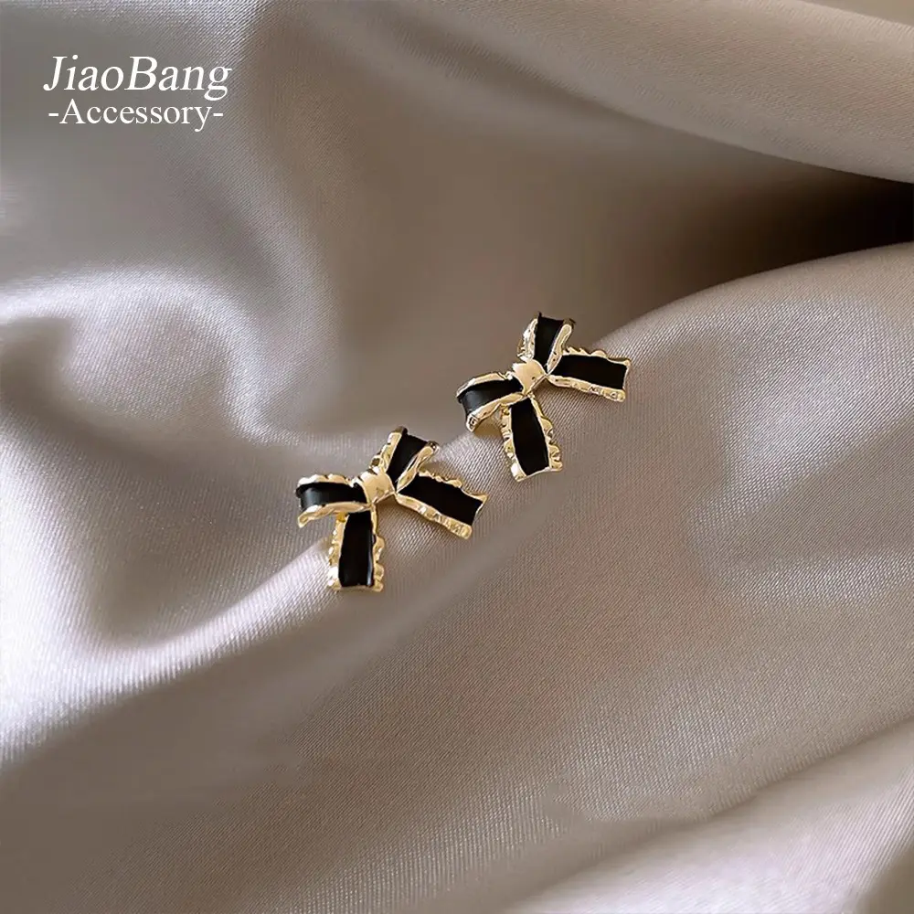 Black Bow Earrings Korean Style Oil Drop Design - Image 4