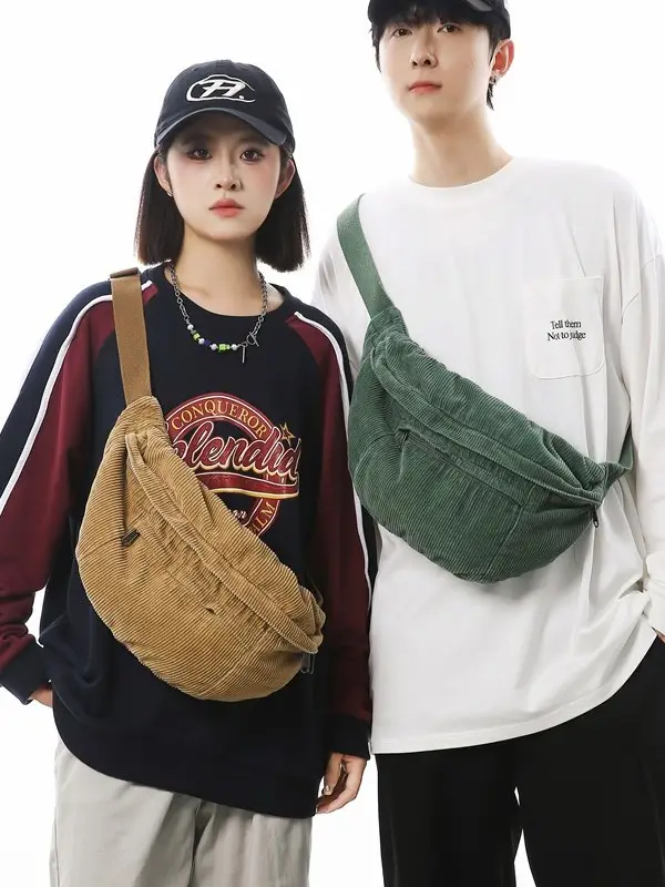 Corduroy Chest Bag Green Women Large Capacity