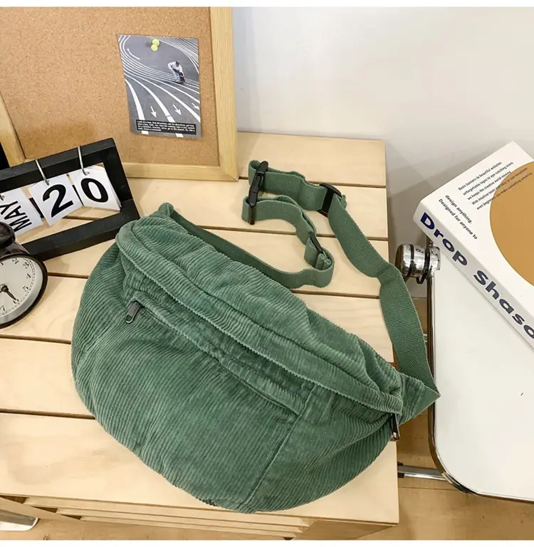 Corduroy Chest Bag Green Women Large Capacity — feature 22