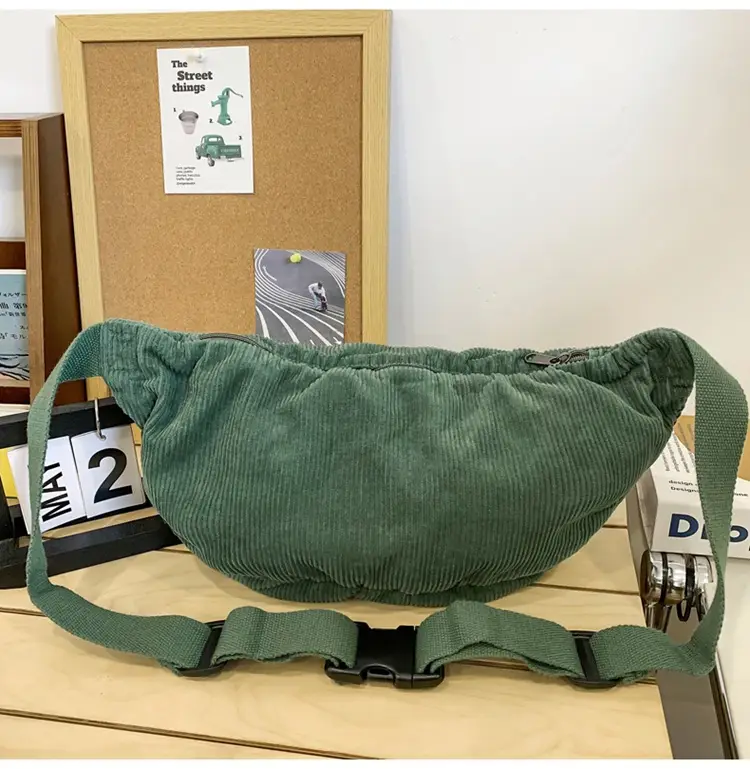 Corduroy Chest Bag Green Women Large Capacity — feature 24