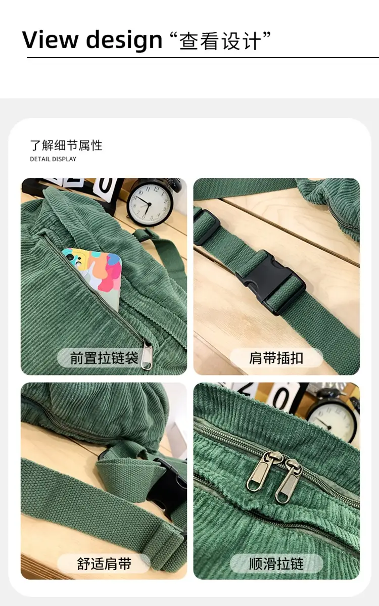 Corduroy Chest Bag Green Women Large Capacity — feature 3