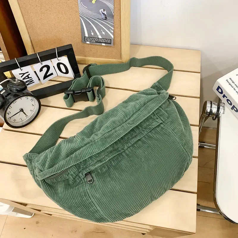 Corduroy Chest Bag Green Women Large Capacity