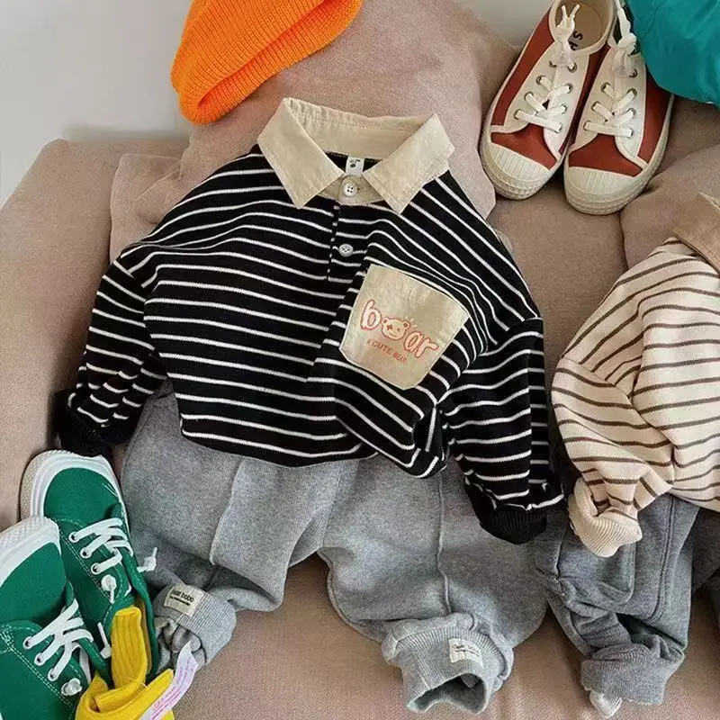 Baby Striped Polo Shirt with Lapels for Boys Autumn Wear - Image 2