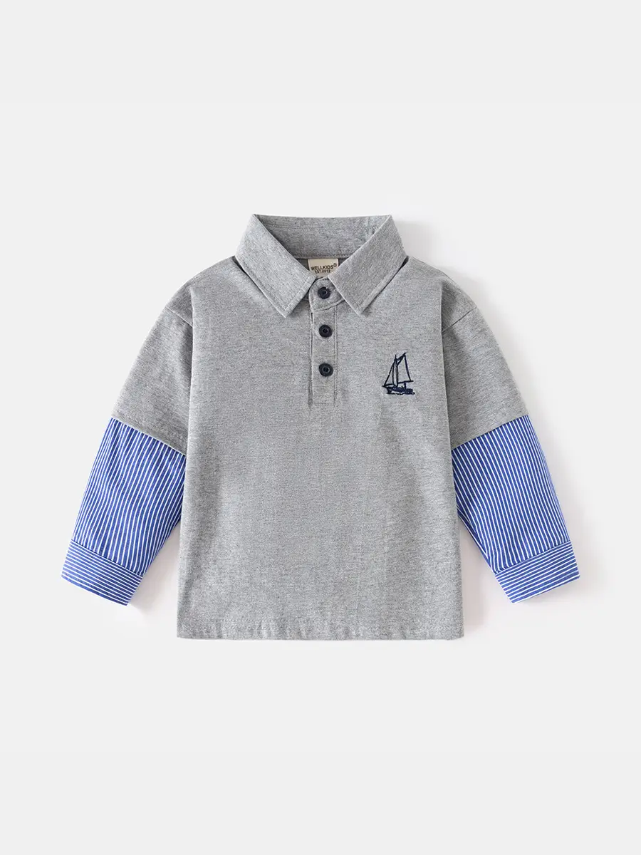 Boys Long Sleeve Polo Shirt Grey Blue Striped