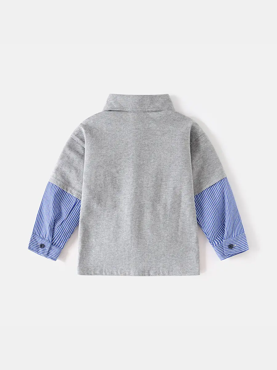 Boys Long Sleeve Polo Shirt Grey Blue Striped