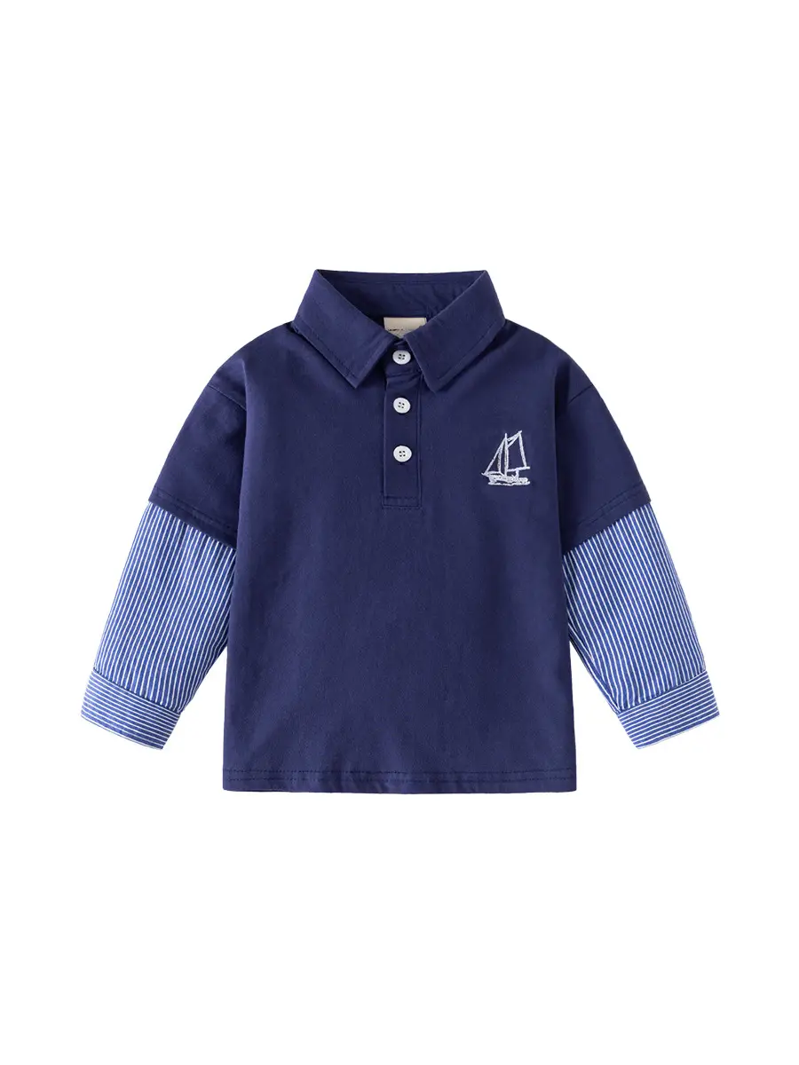 Boys Long Sleeve Polo Shirt Grey Blue Striped