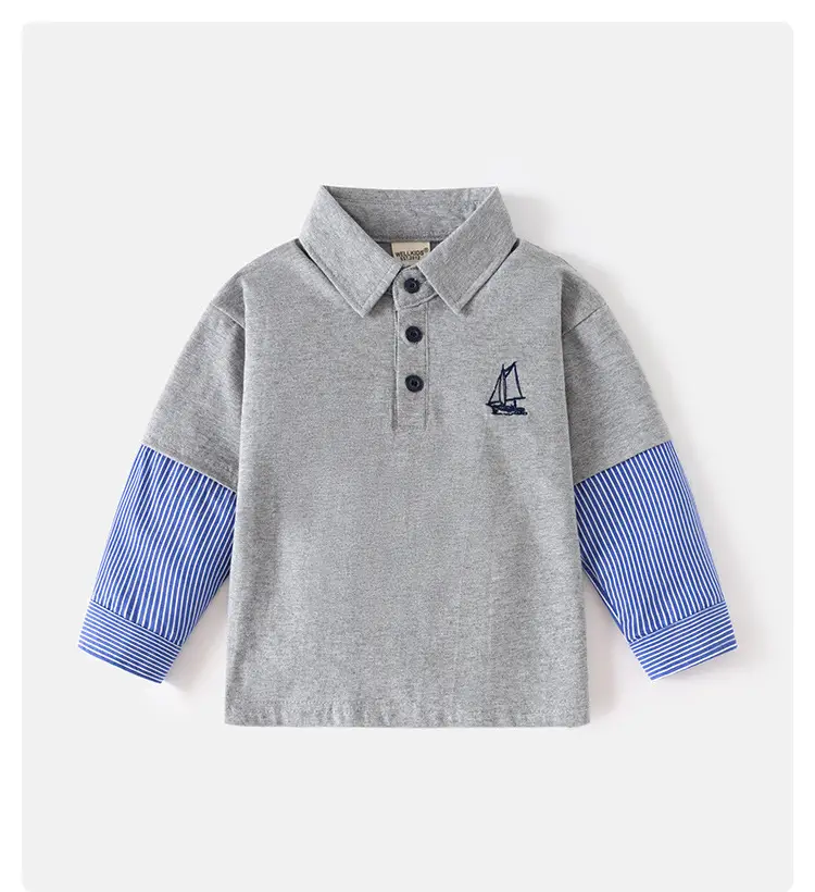 Boys Long Sleeve Polo Shirt Grey Blue Striped — feature 1