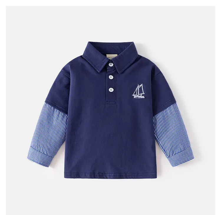 Boys Long Sleeve Polo Shirt Grey Blue Striped — feature 10