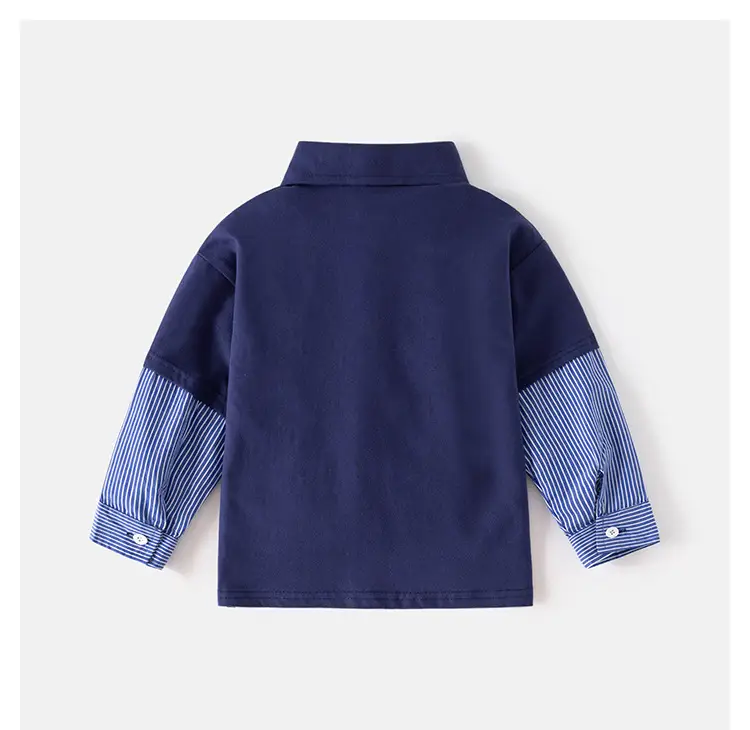 Boys Long Sleeve Polo Shirt Grey Blue Striped — feature 11