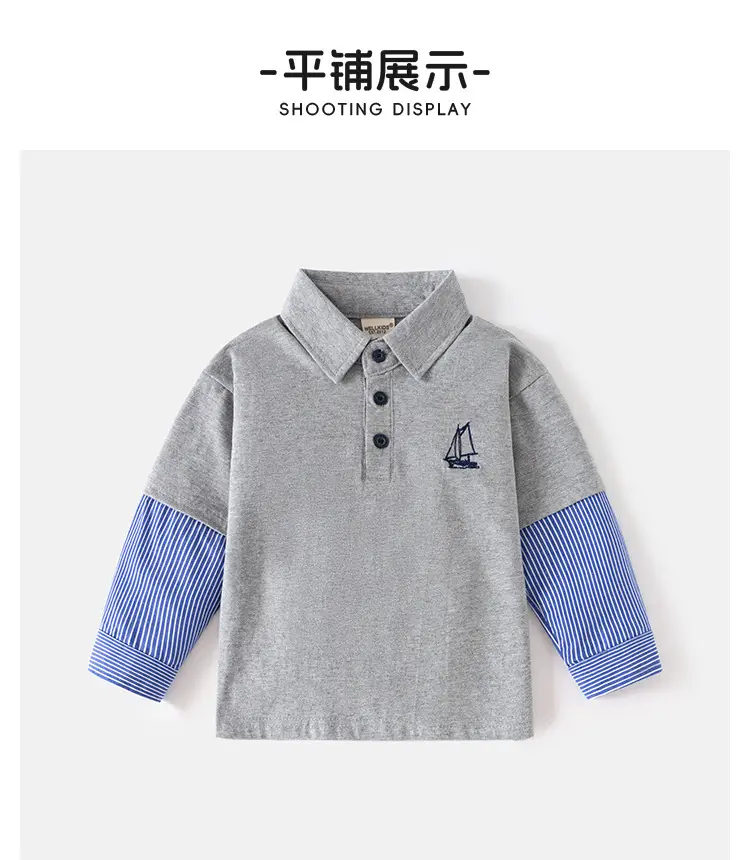 Boys Long Sleeve Polo Shirt Grey Blue Striped — feature 8