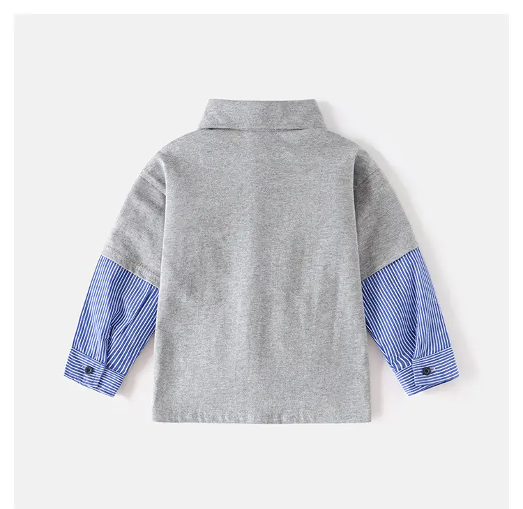 Boys Long Sleeve Polo Shirt Grey Blue Striped — feature 9