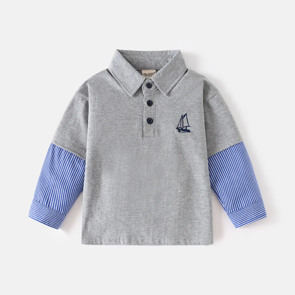 Boys Long Sleeve Polo Shirt Grey Blue Striped