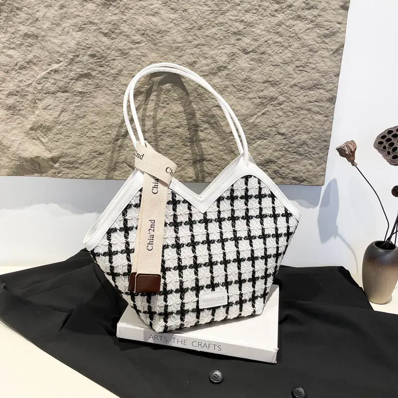 Black Checkered Rhombic Silk Scarf Tote Bag for Women - Image 5
