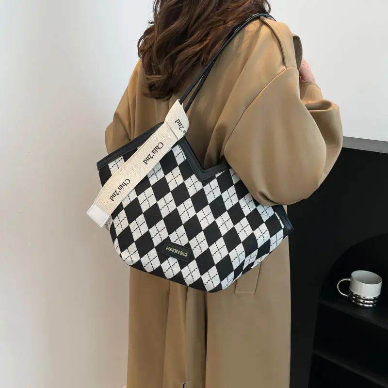 Black Checkered Rhombic Silk Scarf Tote Bag for Women - Image 6