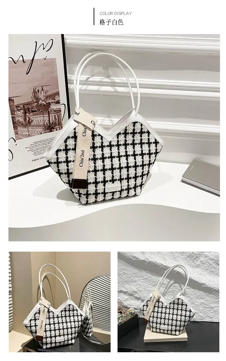 Black Checkered Rhombic Silk Scarf Tote Bag for Women — feature 22