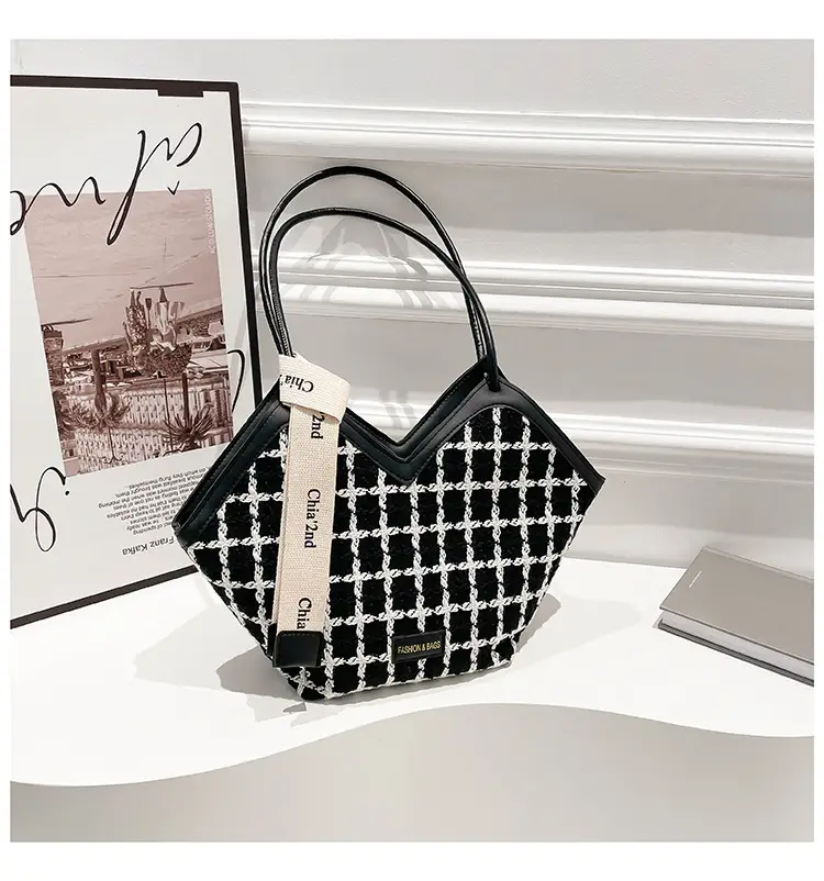 Black Checkered Rhombic Silk Scarf Tote Bag for Women — feature 24