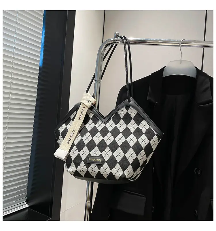 Black Checkered Rhombic Silk Scarf Tote Bag for Women — feature 28
