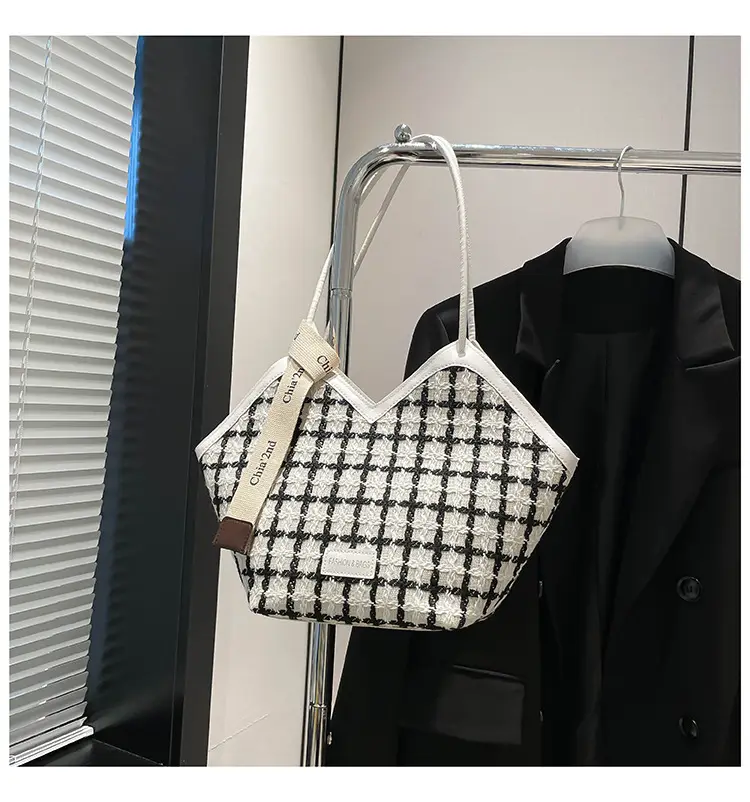 Black Checkered Rhombic Silk Scarf Tote Bag for Women — feature 29