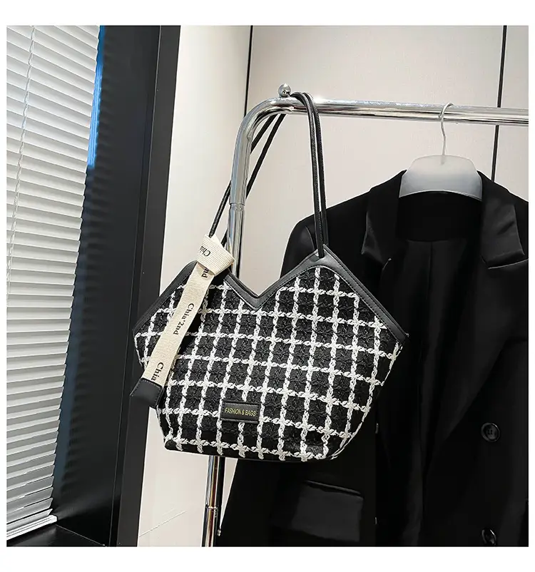 Black Checkered Rhombic Silk Scarf Tote Bag for Women — feature 30