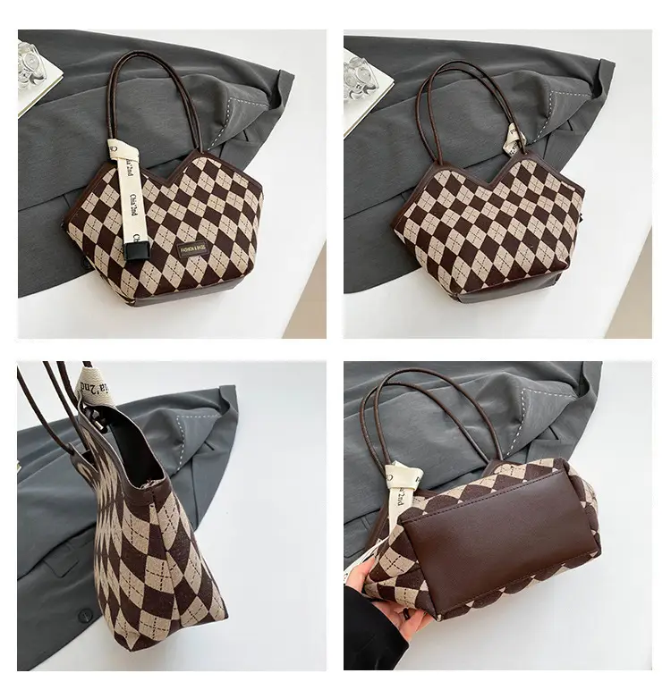 Black Checkered Rhombic Silk Scarf Tote Bag for Women — feature 9