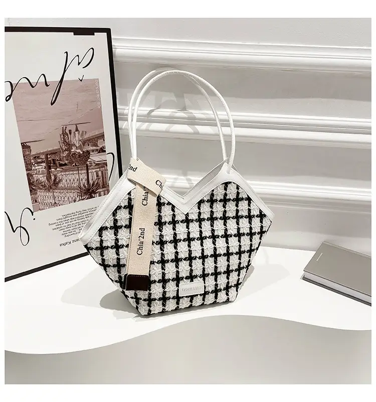 Black Checkered Rhombic Silk Scarf Tote Bag for Women - Image 2