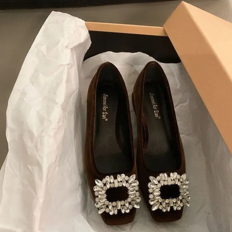 High-grade Rhinestone Shallow Mouth Shoes Women's Elegant 2024 Shallow Mouth Spring and Autumn New All-match Square-toe Flat Bean Shoes - Image 3