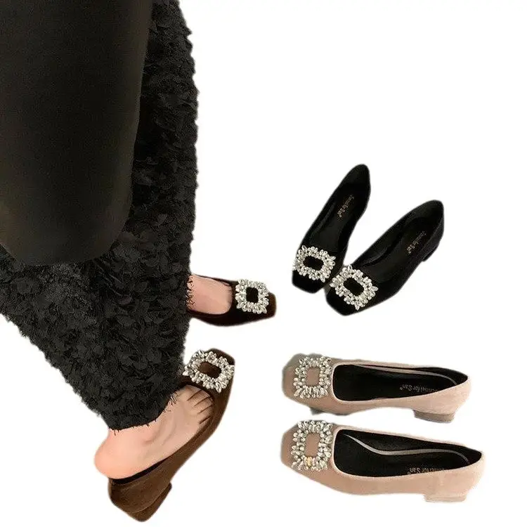 High-grade Rhinestone Shallow Mouth Shoes Women's Elegant 2024 Shallow Mouth Spring and Autumn New All-match Square-toe Flat Bean Shoes - Image 6