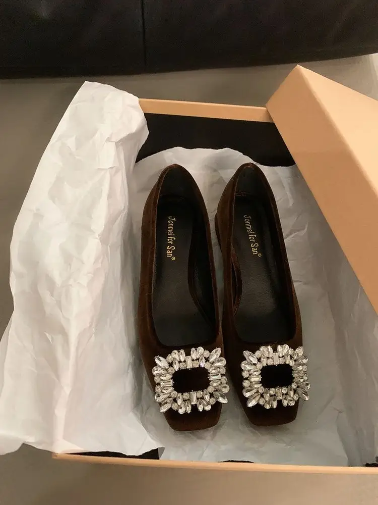 High-grade Rhinestone Shallow Mouth Shoes Women's Elegant 2024 Shallow Mouth Spring and Autumn New All-match Square-toe Flat Bean Shoes — feature 7