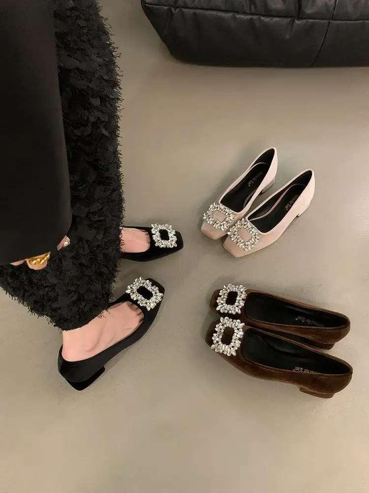 High-grade Rhinestone Shallow Mouth Shoes Women's Elegant 2024 Shallow Mouth Spring and Autumn New All-match Square-toe Flat Bean Shoes — feature 9