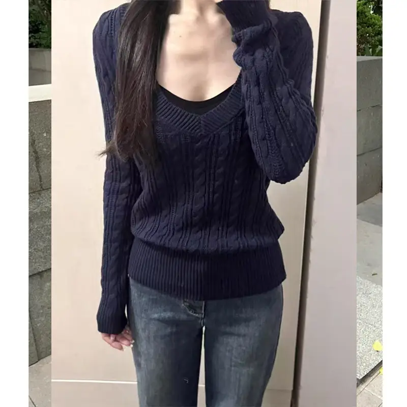 Women's V-neck Long Sleeve Twist Sweater Top Red Black