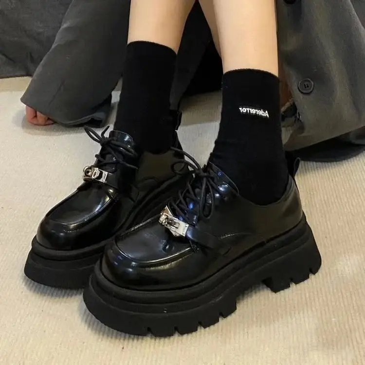 Women Black Metal Lace-Up Loafers 2024 - Image 4