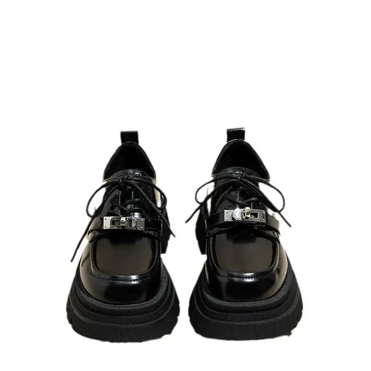 Women Black Metal Lace-Up Loafers 2024 - Image 7