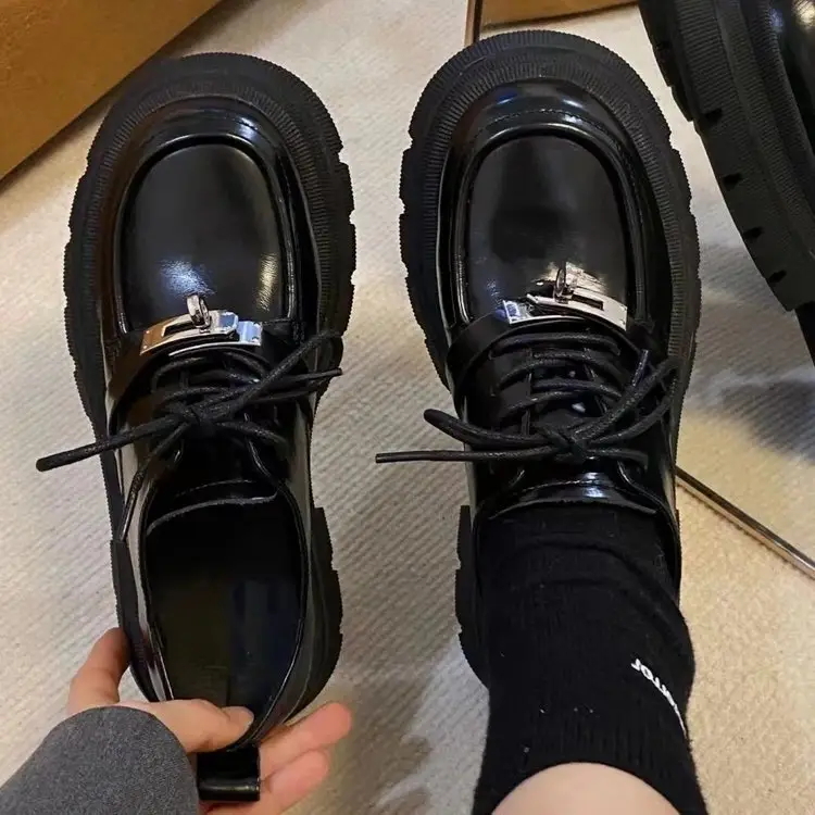 Women Black Metal Lace-Up Loafers 2024 — feature 1