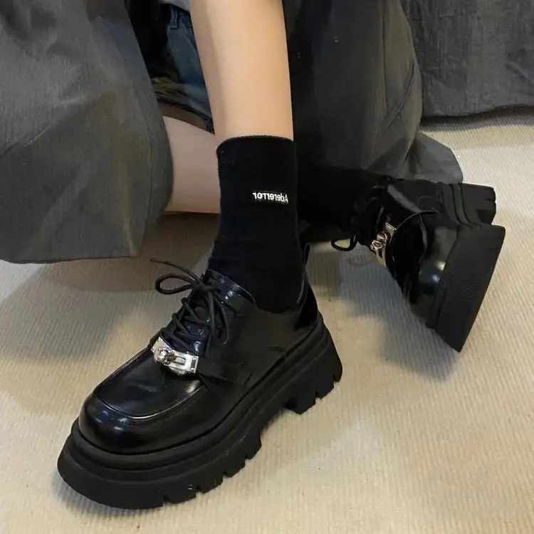 Women Black Metal Lace-Up Loafers 2024 — feature 3
