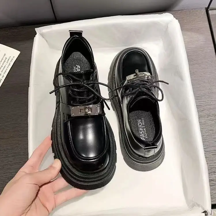Women Black Metal Lace-Up Loafers 2024 - Image 2