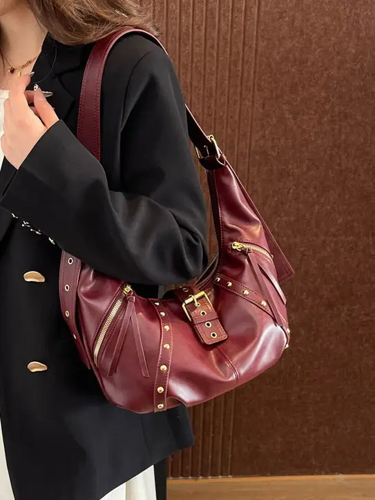 Retro Crossbody Bag Women Large Capacity Maroon 2024 - Image 4